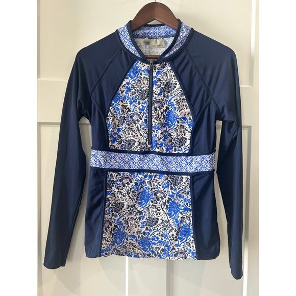 ATHLETA Blue Floral Zip UPF 50+ Indigo Shores Rashguard Women’s Size S - Picture 2 of 7